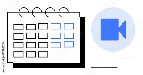 Remote work, virtual meetings, productivity, time management, scheduling, collaboration. Calendar with blue-highlighted dates and a video icon. Remote work and virtual meetings