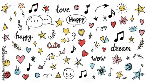 Cute Hand Drawn Doodles: Stars, Hearts, Music Notes, Flowers, and Words