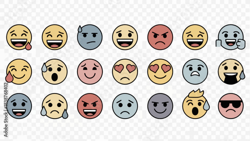 Collection of diverse emoji icons representing various emotions and expressions on a grid