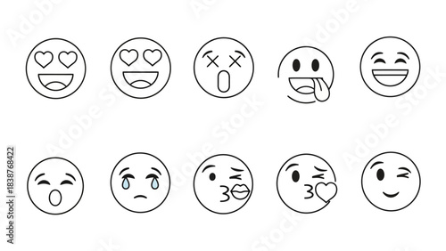 Set of expressive cartoon face emojis with various emotions, art illustration