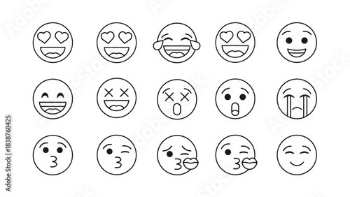 Collection of Outline Emoji Faces Expressing Various Emotions and Actions on White Background