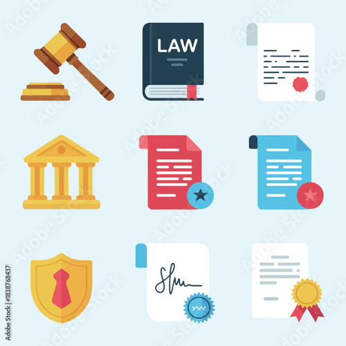 Courtroom and law documentation icons pack, judge gavel legal files certification justice vector illustration