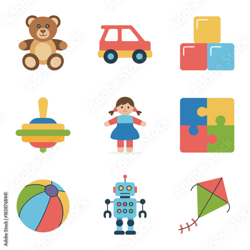 Children toys and learning icons collection, teddy bear robot car puzzle kite ball educational play vector design