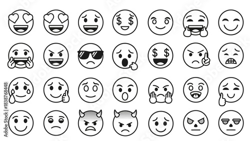 Collection of Black and White Emoji Faces and Icons with Various Expressions