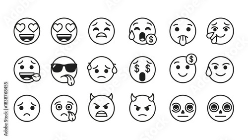 Diverse Set of Outline Emoji Faces Expressing Various Emotions and States of Mind