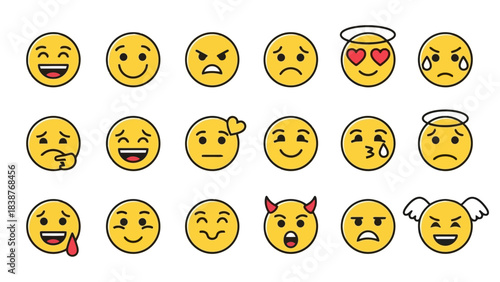 Diverse Set of Yellow Emoji Faces Expressing Various Emotions and Feelings