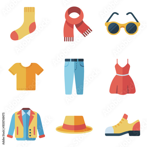 Casual clothing and outfit elements collection, t shirt jeans dress jacket shoes accessories fashion vector icons