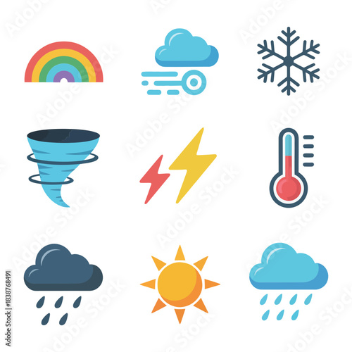 Weather conditions and seasonal climate illustration pack, clouds rain lightning tornado sun thermometer vector icons