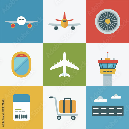 Air travel and airport operations icons collection, aircraft terminal baggage ticket window control tower flat vector design