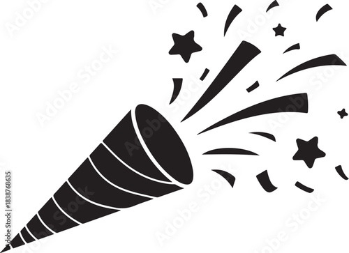 Black party popper exploding confetti and stars explosion