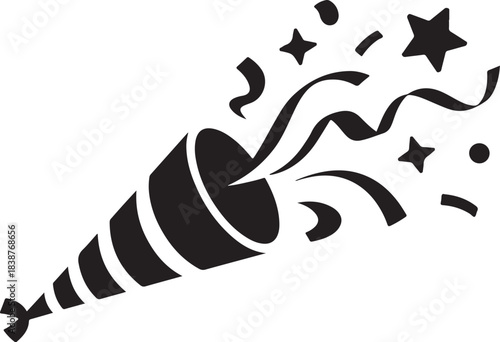 Black party popper exploding confetti and streamers