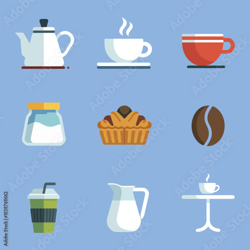 Coffee and tea beverage icons set, kettle cup mug coffee maker cafe drinks flat vector illustration collection