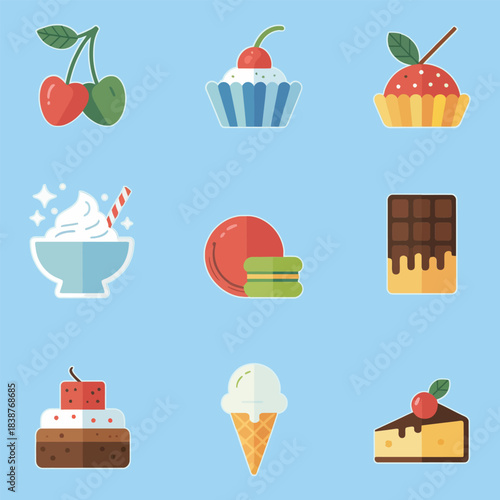 Dessert shop and confectionery symbols collection, cakes cupcakes ice cream chocolate sweets flat vector design