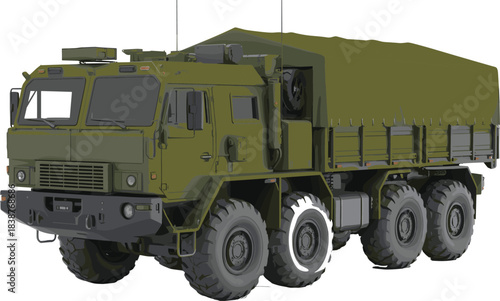 Military cargo truck, 8x8 tactical vehicle, armored transport, green army lorry, heavy-duty logistics, off-road military transport