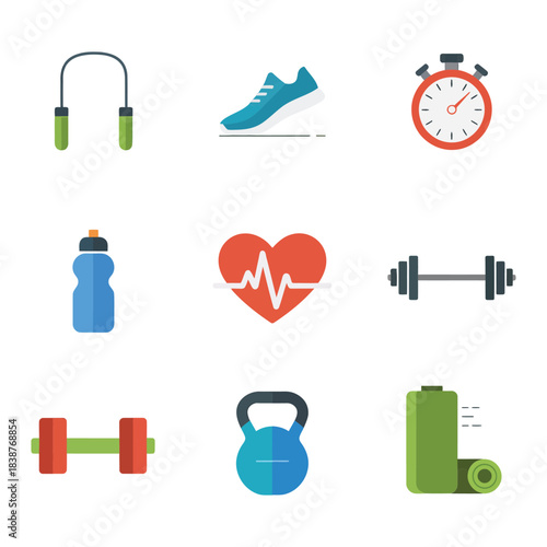 Fitness and health equipment icons set, dumbbell kettlebell jump rope heart rate shoe stopwatch flat vector illustration