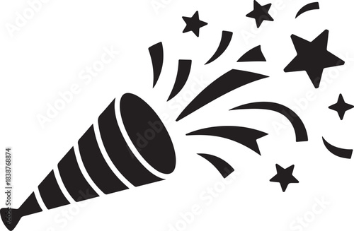 Black party popper exploding with stars and confetti