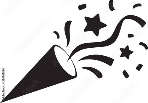 Black party popper exploding with stars and confetti