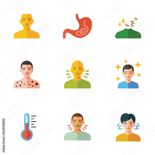 Human health symptoms and body condition icons collection, stomach pain fever allergy skin care flat vector illustration