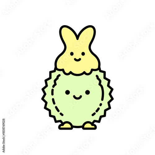 Cute vector cartoon of a smiling yellow bunny character with a spiky green round body and pointy ears isolated on white background