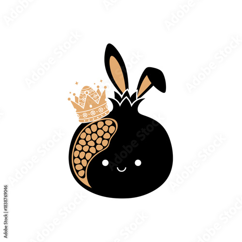 Pomegranate character vector with whimsical bunny ears and a royal golden crown revealing seeds isolated on white background