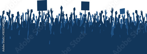 Silhouette Vector Illustration of an Energetic Protesting Crowd with Raised Fists and Blank Signs Representing Social Justice, Rights, and Community Activism.