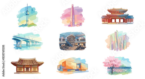 Seoul skyline vector landmark set. Watercolor South Korea travel icons including N Seoul Tower, Lotte World Tower, Gyeongbokgung Palace, Hanok and modern architecture