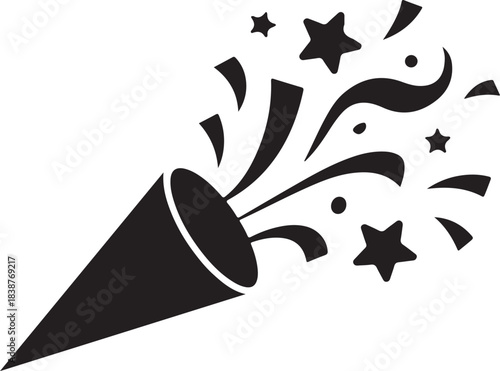 Black party popper exploding with stars and confetti