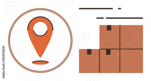 Location pin alongside stacked brown delivery boxes symbolizes shipping, logistics, freight management, e-commerce, distribution, navigation, and storage. A clean, simple flat metaphor