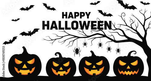 Spooky Happy Halloween Banner with Scary Jack-o-Lantern Pumpkins, Flying Bats, and Creepy Spiders on a Dead Tree Silhouette Background for Festive Holiday Design.
