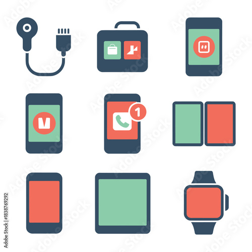 Smartphone gadgets and wearable technology icons collection, mobile devices smartwatch battery apps flat vector illustration