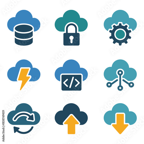 Secure cloud services and network technology icons set, database protection sync code deployment flat vector illustration