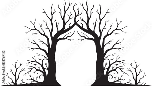 Black silhouette bare trees forming an archway branches