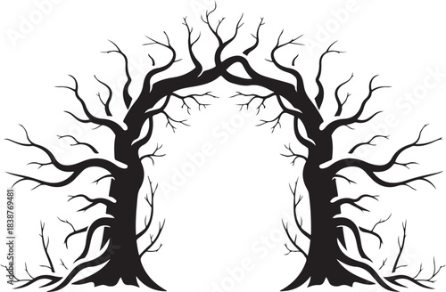 Black silhouette bare trees forming an archway white