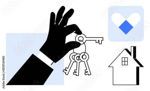 Real estate, homeownership, property buying, housing market, realty transactions, home investment. A hand holding keys with a house outline and heart graphic. Real estate and homeownership concept