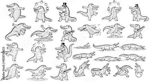 Alligator Character Collection: A collection of quirky cartoon alligators in various poses and actions, offering a versatile range of fun and engaging imagery.