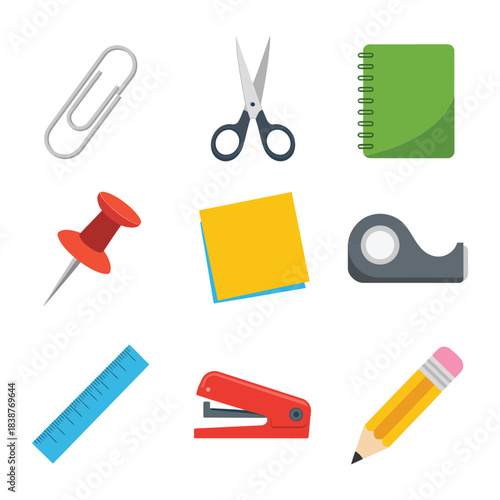 Office stationery and school supplies icons set, paper clips scissors ruler notebook tools flat vector illustration