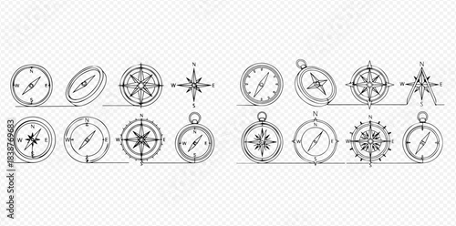 Set of hand-drawn compasses and wind roses in various styles for navigation and travel.