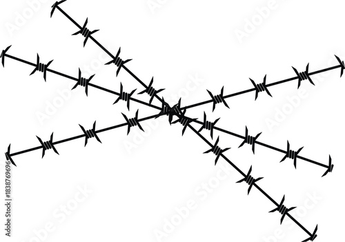 Black Barbed Wire Crossed Graphic Vector Illustration of Four Intersecting Lines Representing Restriction, Danger, Security, Protection, and Military Symbolism.