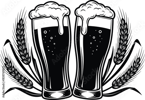 Beer glasses clinking in toast with barley stalks, celebratory brewing culture illustration, festive drink concept in black and white