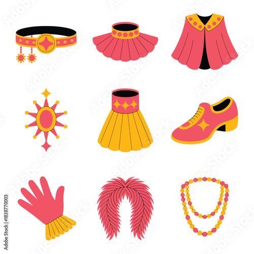 Carnival costume accessories collection, skirts masks feathers gloves jewelry parade festival flat vector illustration