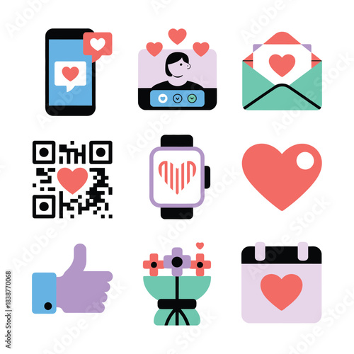 Social media celebration and interaction icons set, likes messages hearts digital event engagement flat vector illustration