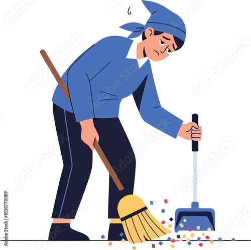 Sad cleaner diligently sweeps confetti, symbolizing effort in difficult tasks clean editable flat design