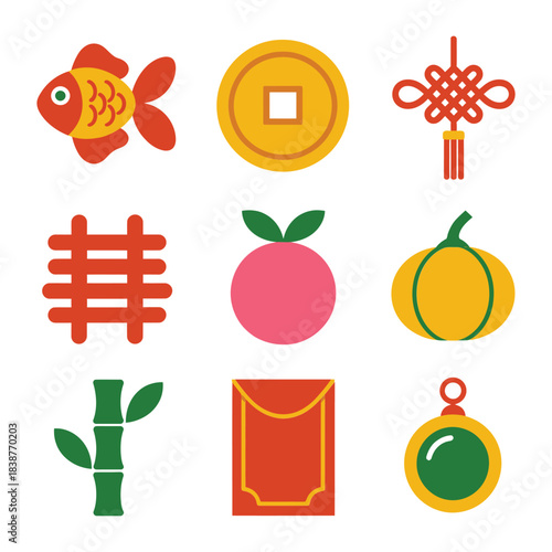 Lucky new year symbol icon set, fish coins peaches bamboo envelopes prosperity flat vector illustration