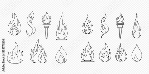 Outline set of various fire flame shapes and burning torches on transparent background.