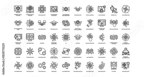 Automation icon set collection. Containing operation, arrows, intelligence, brain, operating, future, software .Line vector icons collection