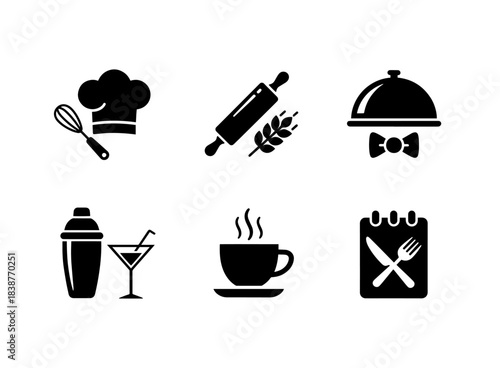 Chef Baker Waiter Bartender Barista Food Critic Minimal Black Fill Icons