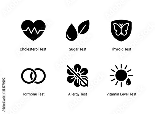 Cholesterol Test Sugar Test Thyroid Test Hormone Test Allergy Test Vitamin Level Icons