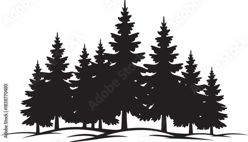 Black silhouette of a pine forest on white background