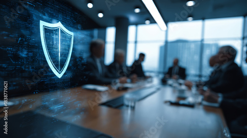 Cybersecurity shield icon glowing on screen in business meeting room with blurred people discussing data protection