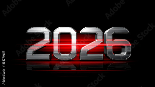 Metallic futuristic 2026 year number with red light streaks on black background, symbolizing speed and technology
